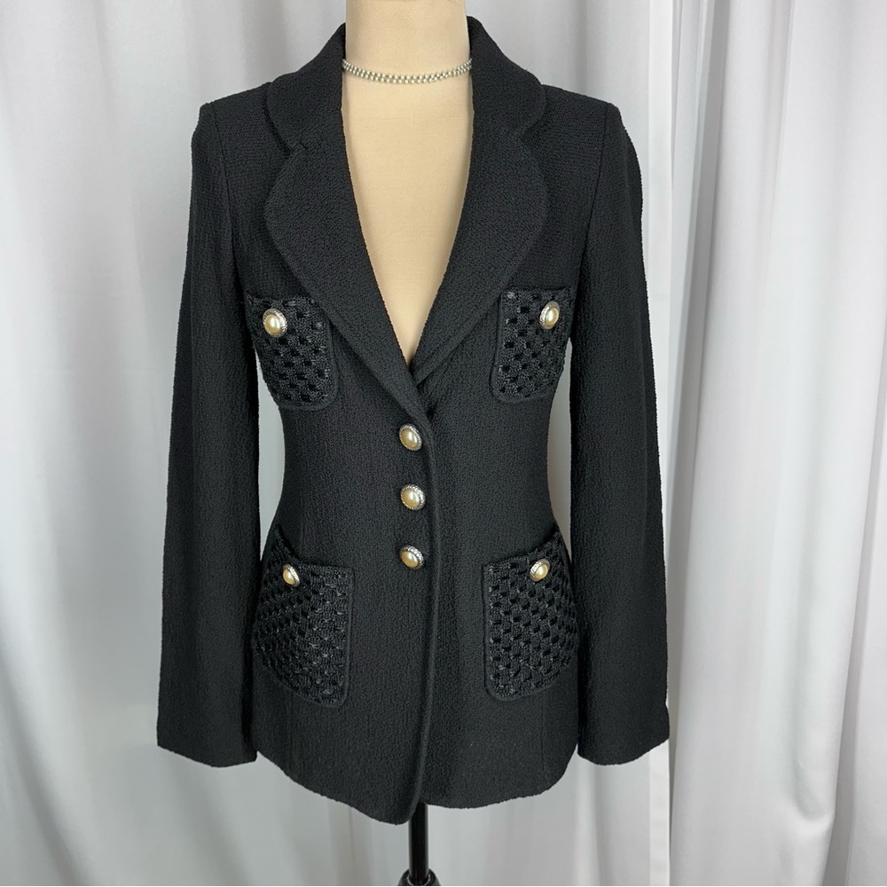 St John Black Label Caviar Jacket Sz 2 Black Santana Knit Detailed Pockets ✨READ